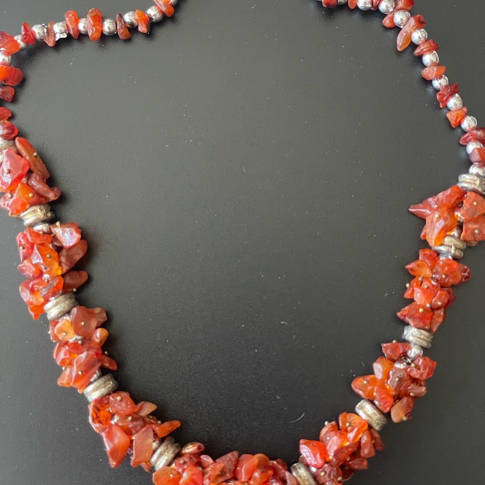 Vintage Carnelian stone chips, pin set, necklaces.